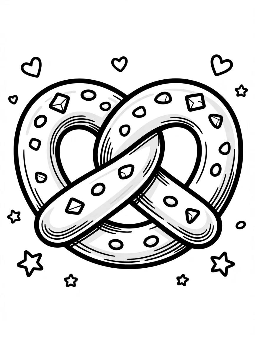 A cartoon-style drawing of a pretzel for coloring.