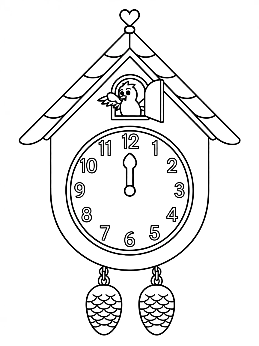 A simple outline of a cuckoo clock for coloring.