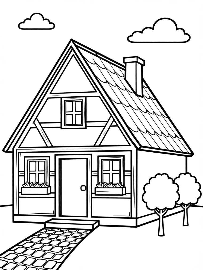 A drawing of a simplified traditional German house for coloring.