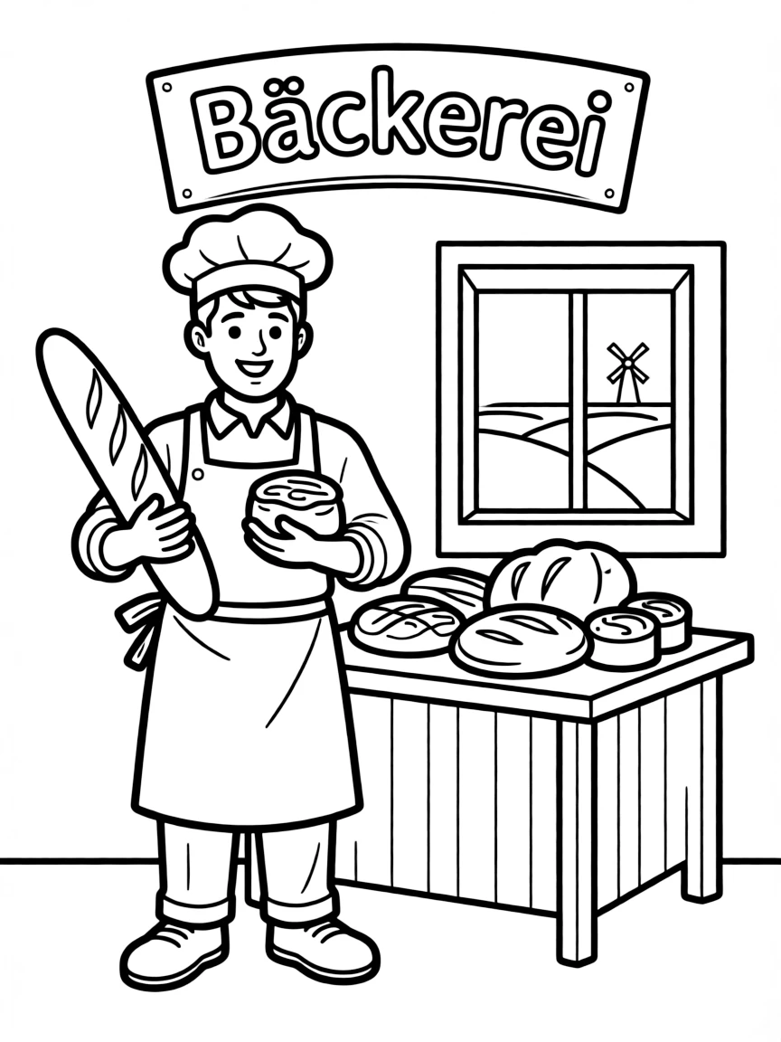 A cute drawing of a happy German baker for coloring.