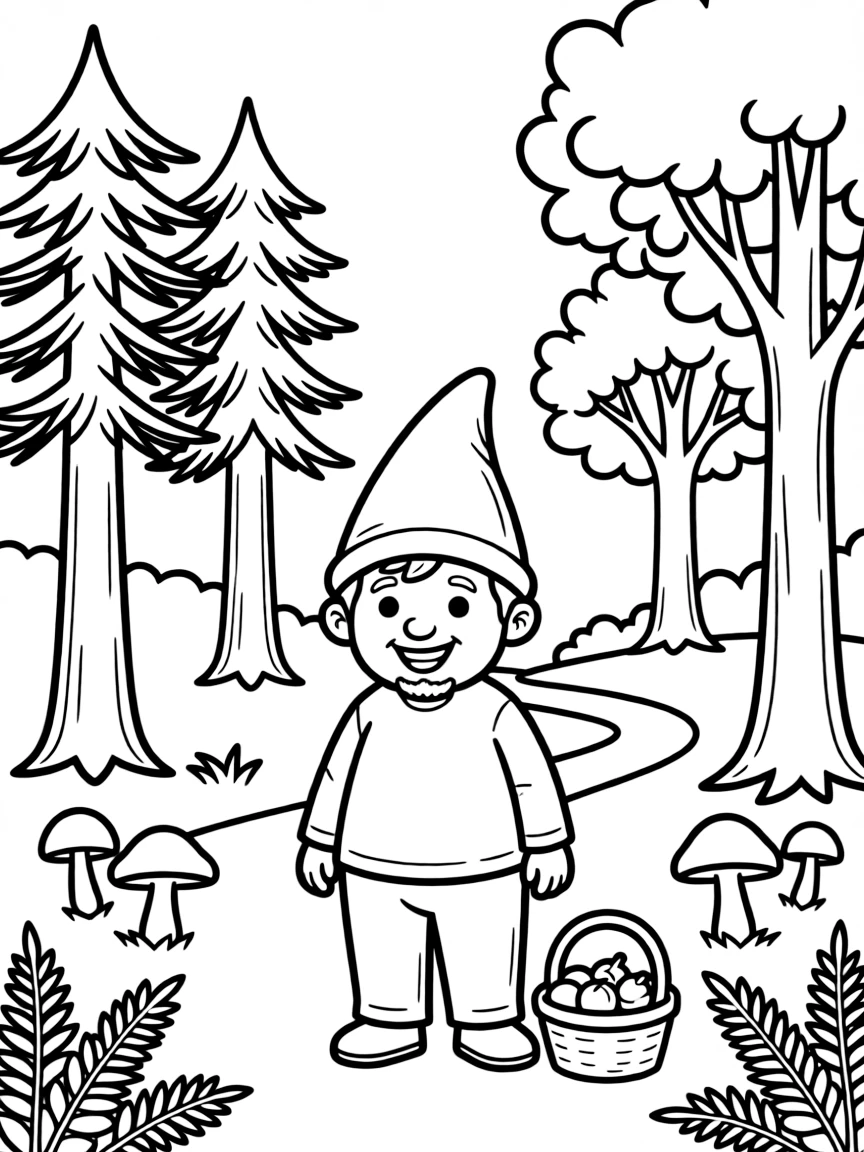 A drawing of a happy gnome in a German forest for coloring.
