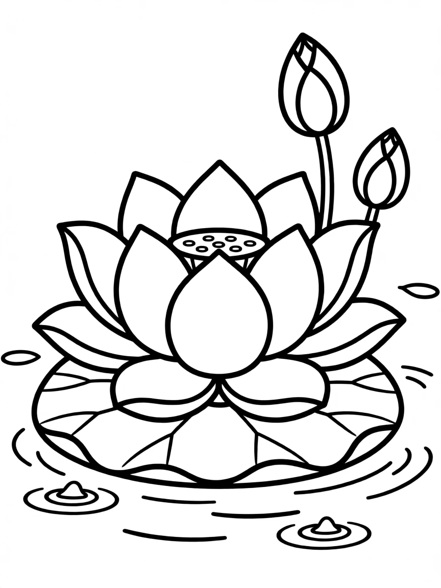 A cartoon-style drawing of a lotus flower for coloring.