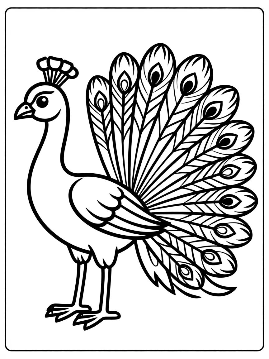A cute drawing of a peacock for coloring.