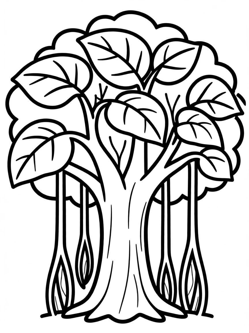 A simple outline of a banyan tree for coloring.