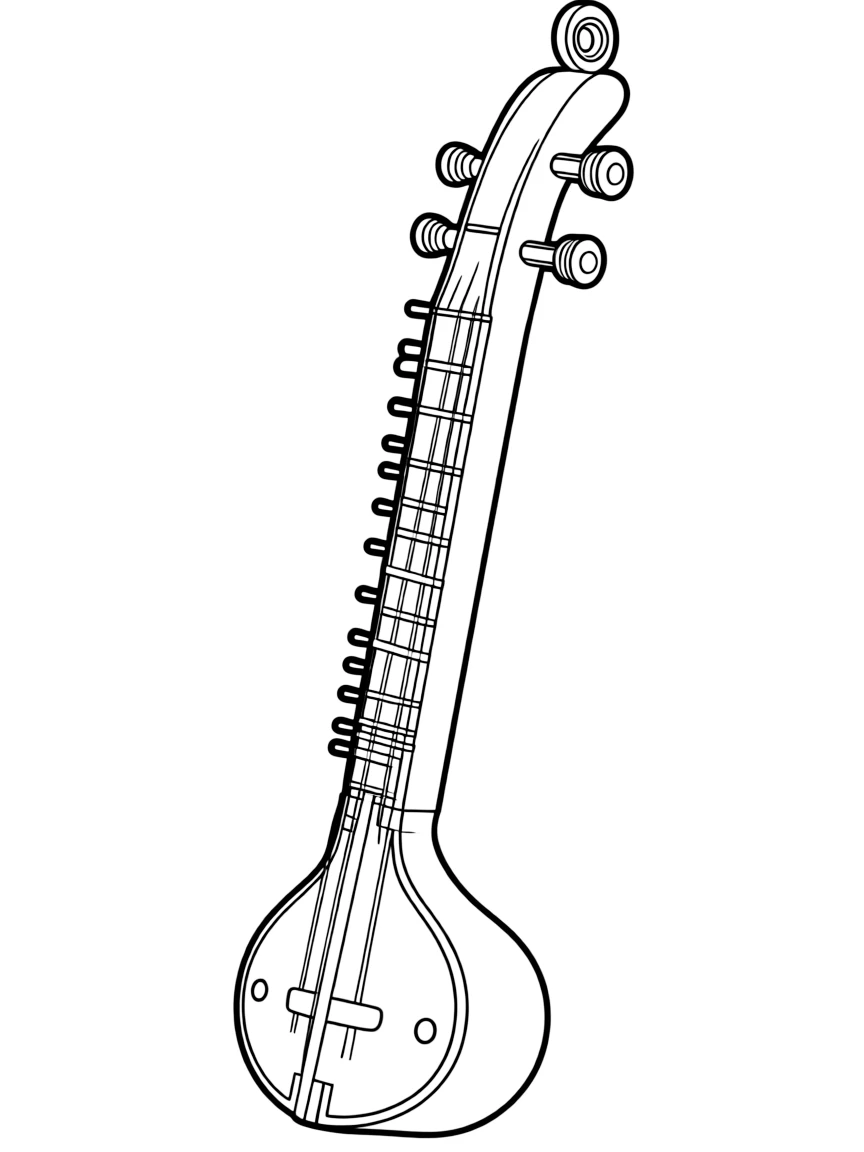A simplified drawing of an Indian sitar for coloring.