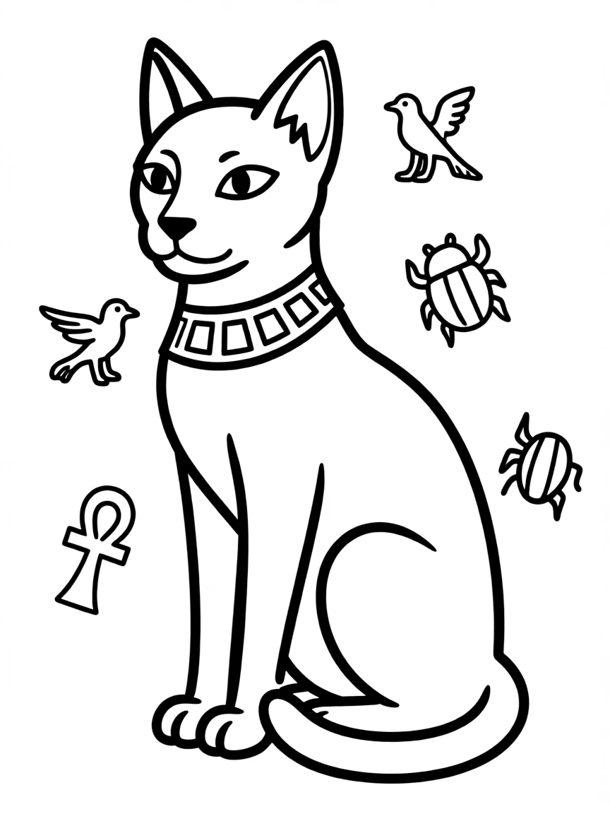 A drawing of a simplified ancient Egyptian cat for coloring.