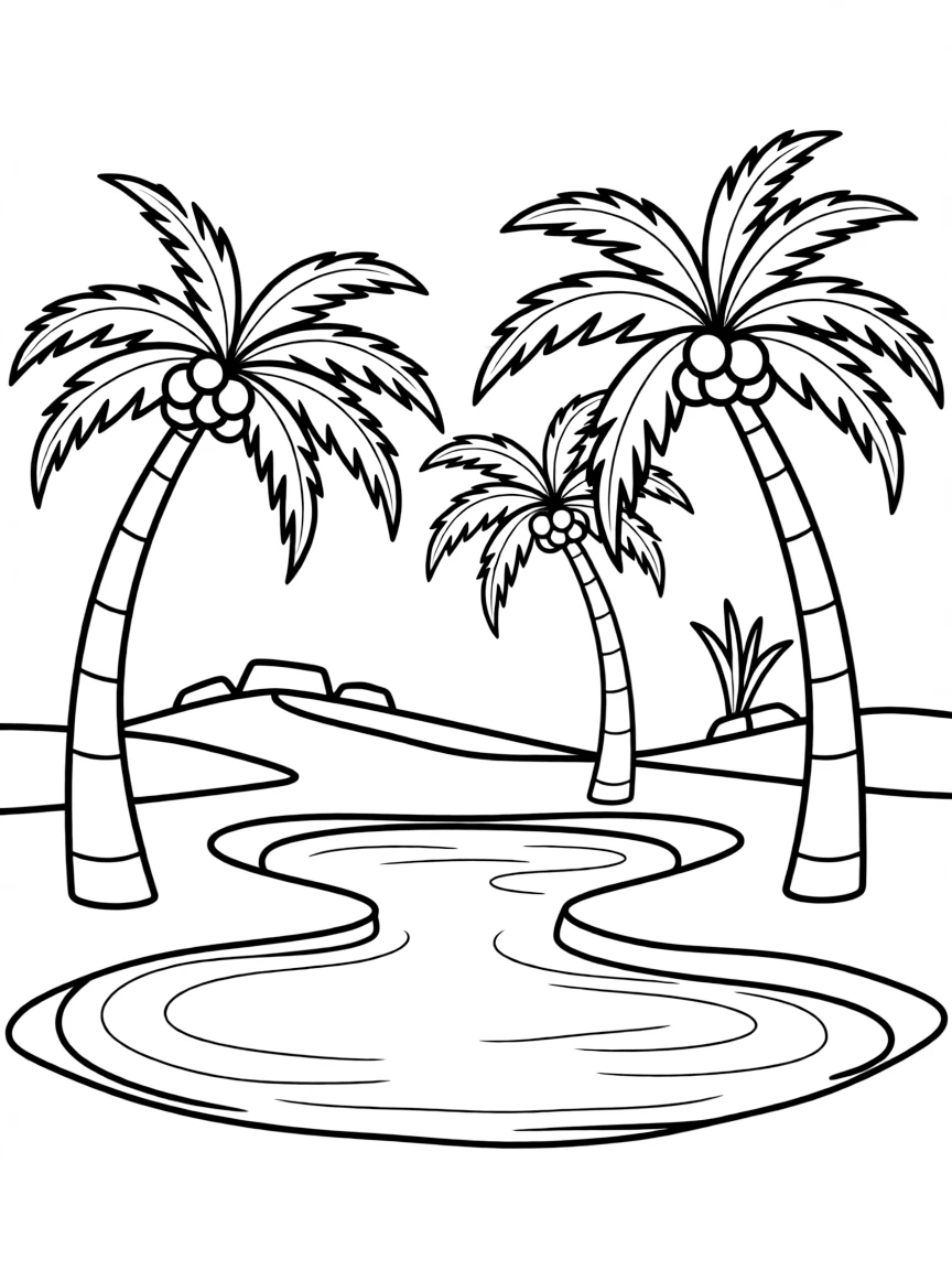 A simplified drawing of an oasis with palm trees for coloring.