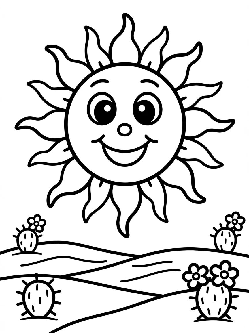 A drawing of a happy desert sun for coloring.