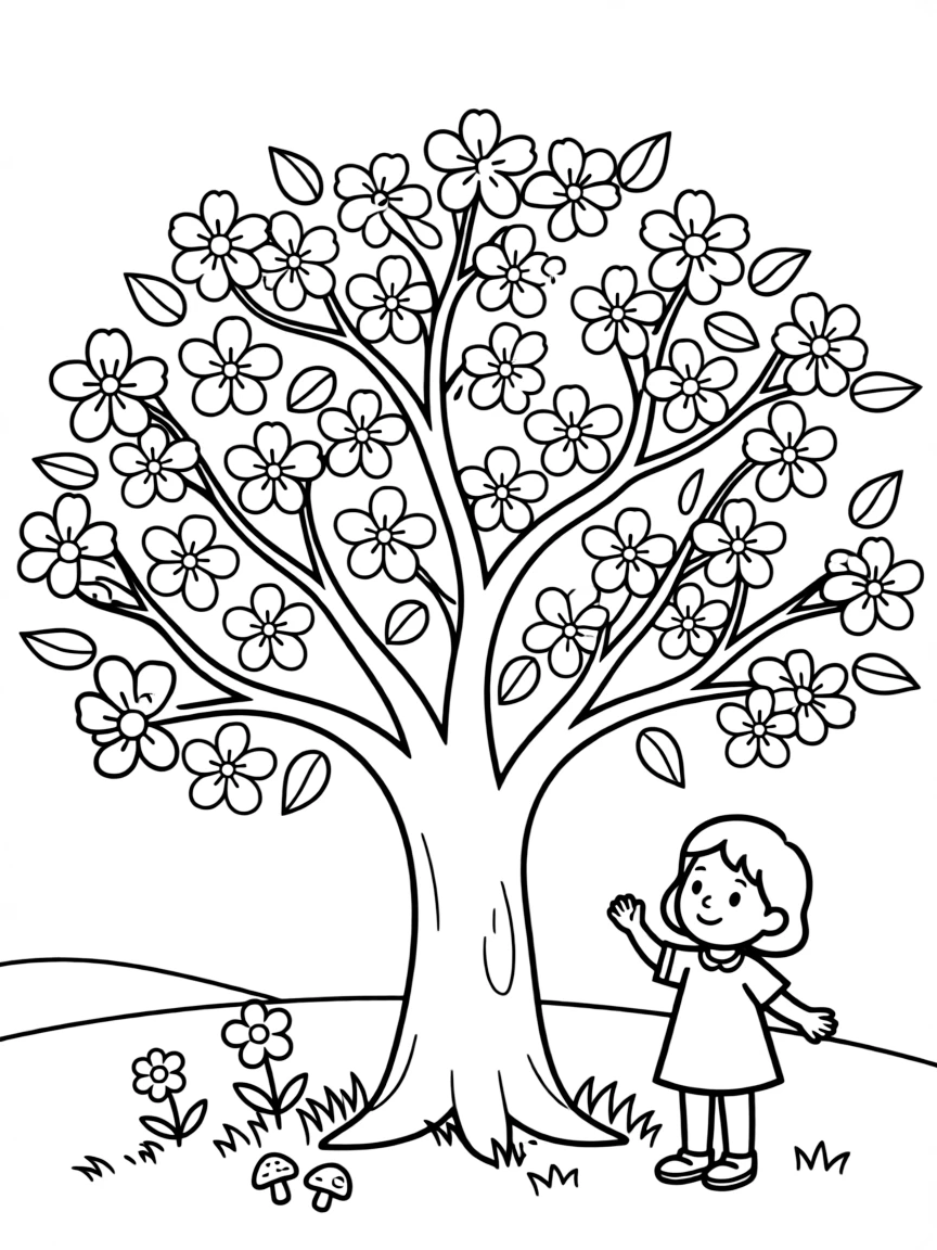 A cartoon-style drawing of a cherry blossom tree for coloring.