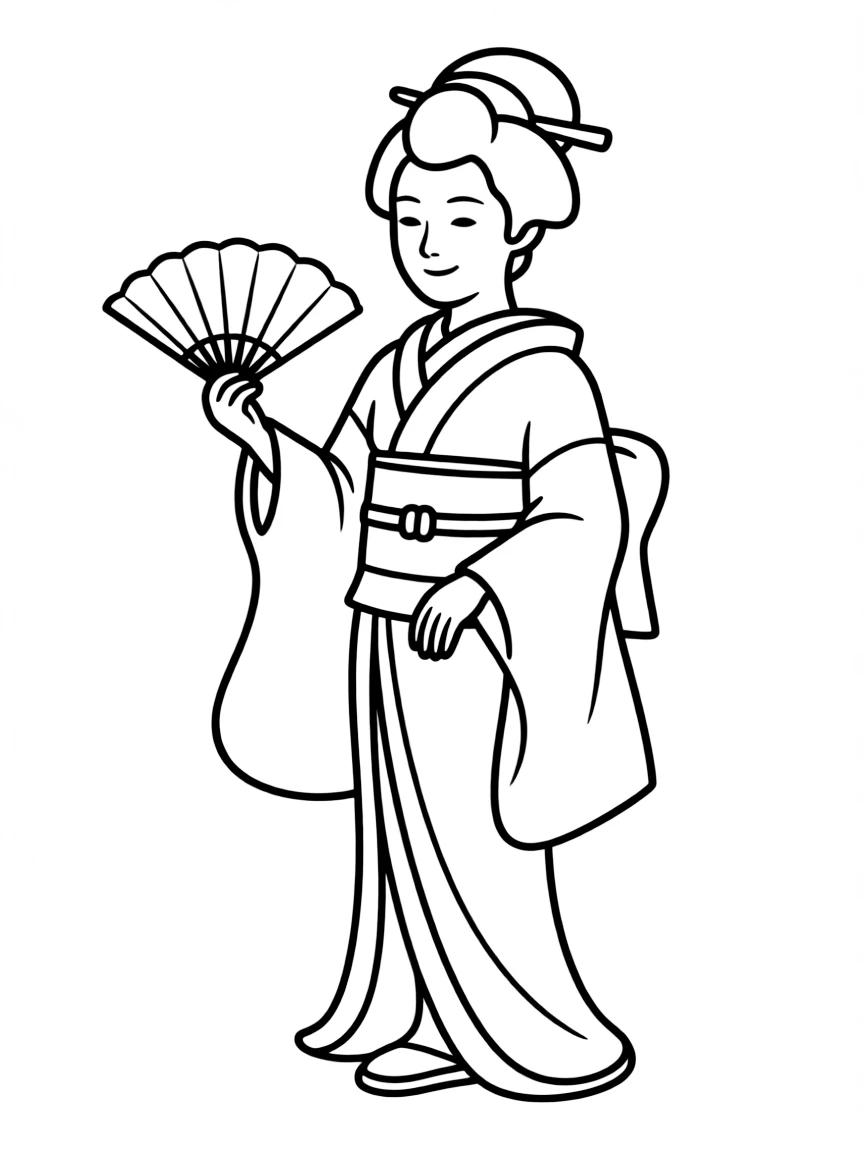 A simplified drawing of a geisha with a fan for coloring.