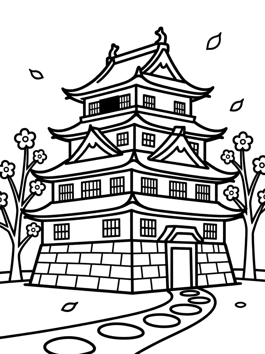 A simple outline of a Japanese castle for coloring.