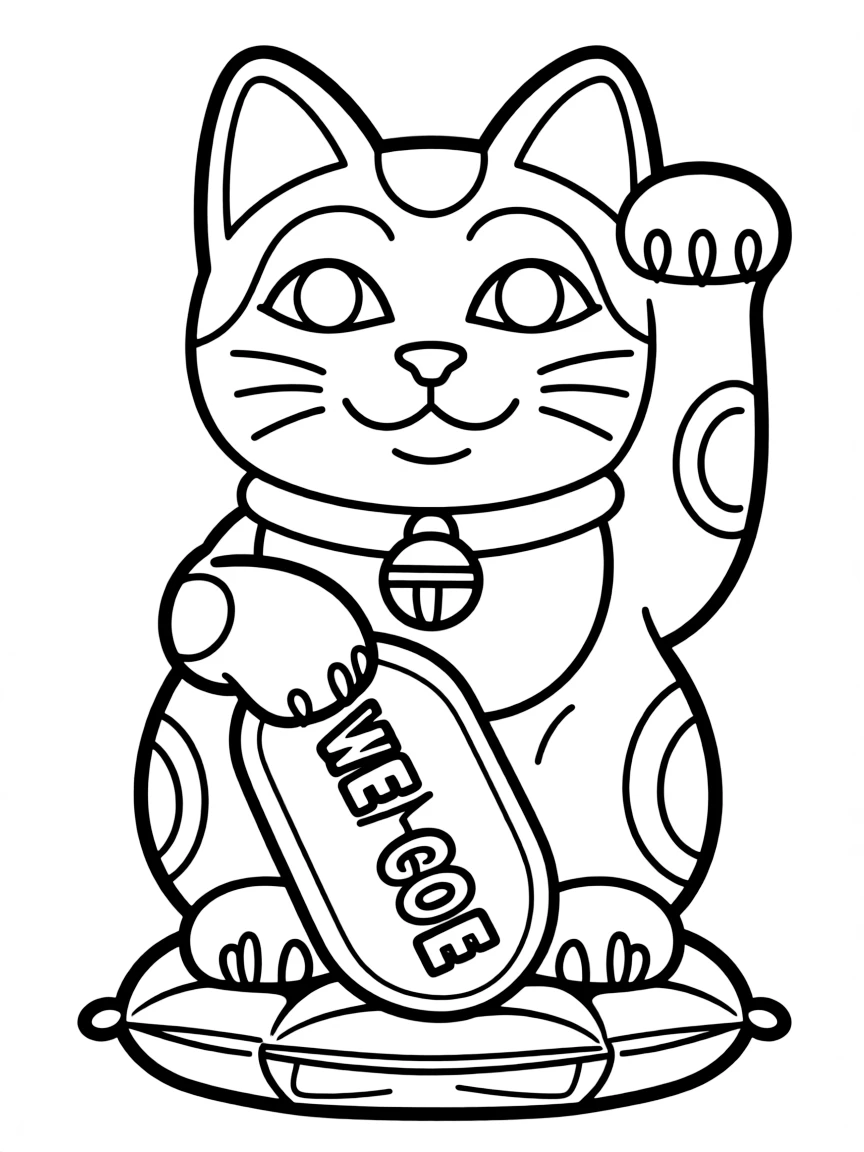 A drawing of a happy Maneki-neko cat for coloring.