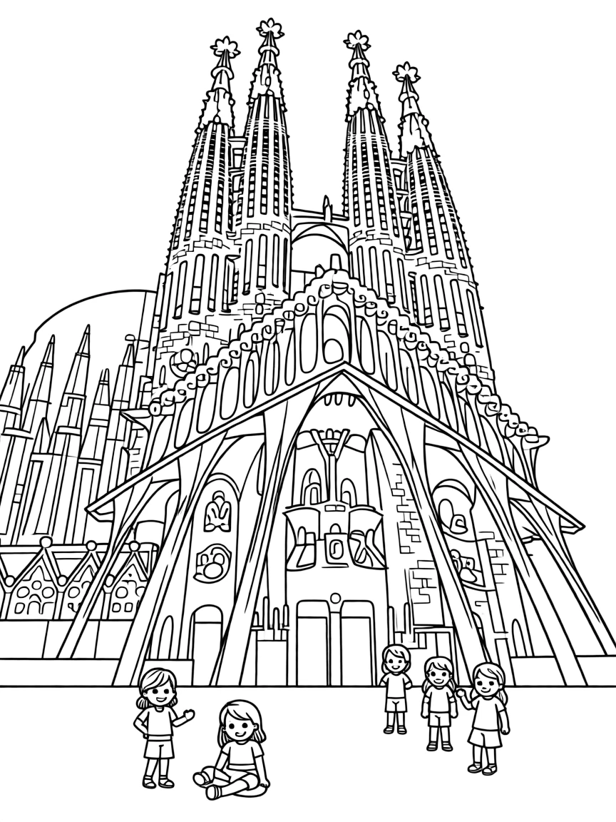 A simple outline of the Sagrada Familia for coloring.