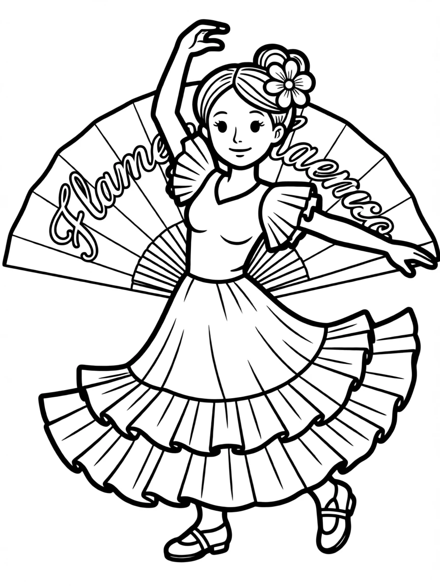 A cartoon-style drawing of a flamenco dancer for coloring.