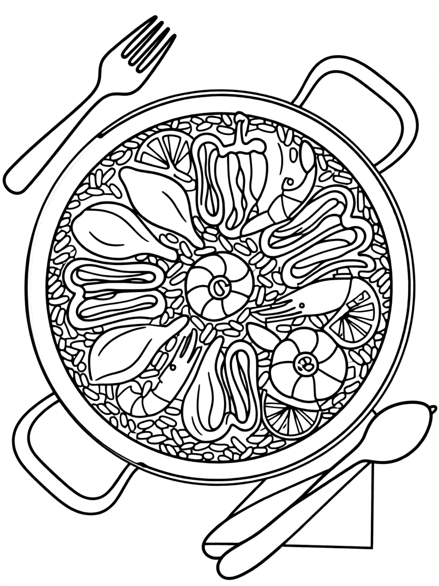 A drawing of a simplified paella dish for coloring.