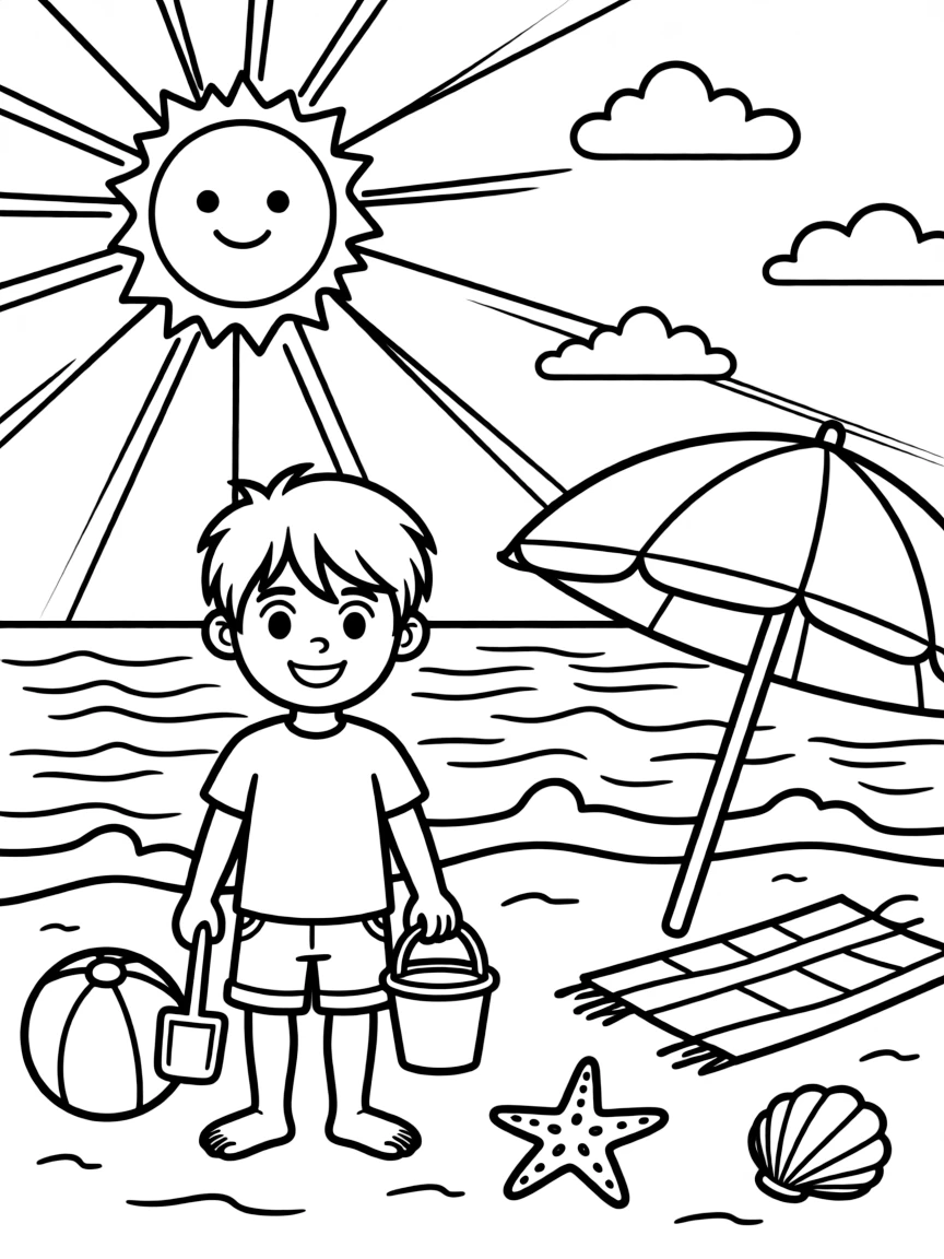 A cute drawing of a sunny beach for coloring.