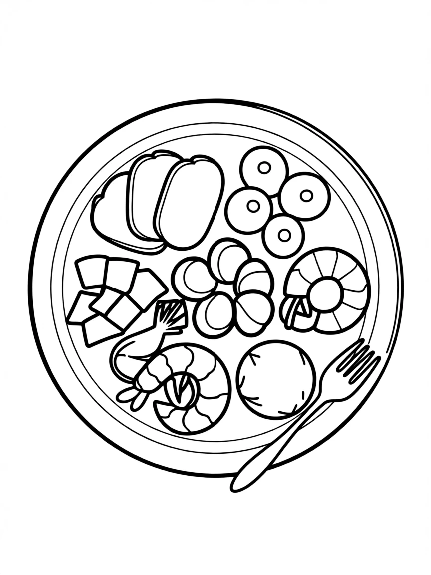 A simplified drawing of a tapas plate for coloring.