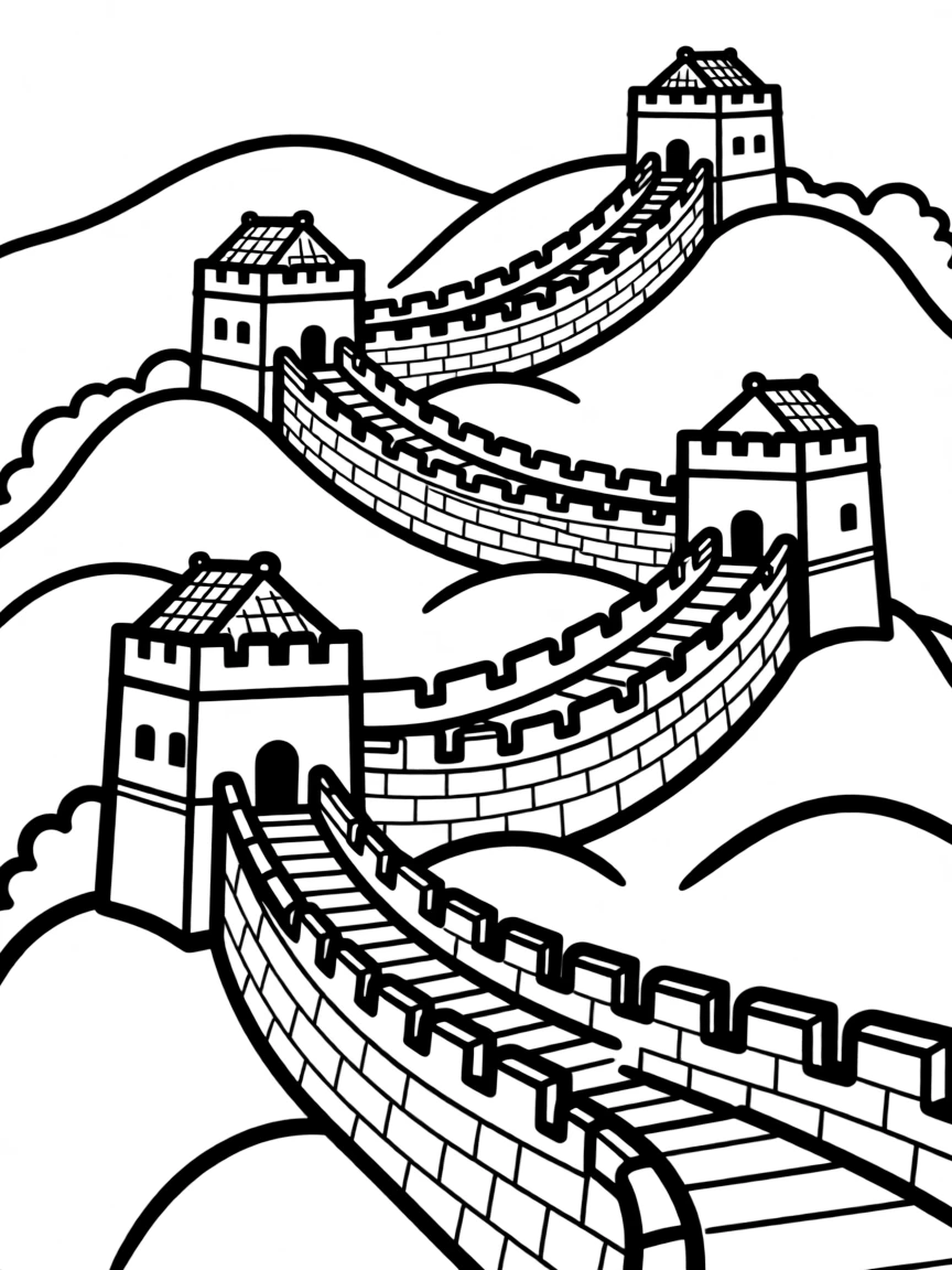 A simple outline of the Great Wall of China for coloring.