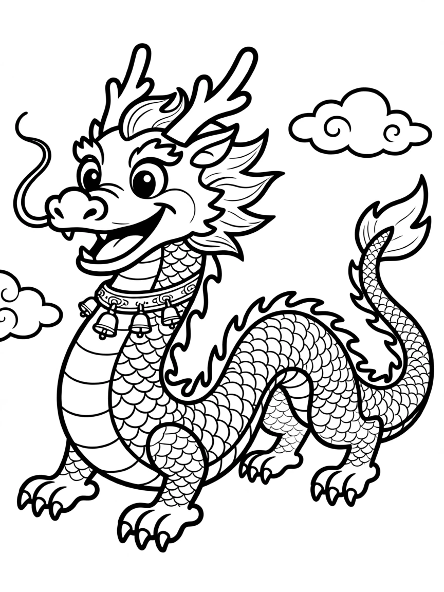 A cartoon-style drawing of a Chinese dragon for coloring.