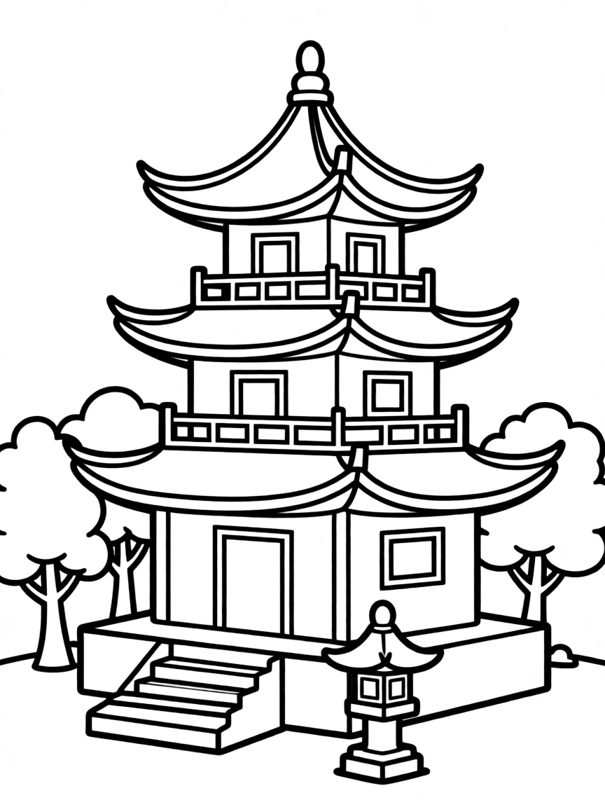 A drawing of a simplified pagoda for coloring.