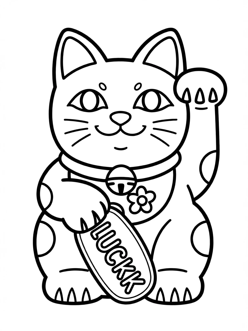 A simplified drawing of a lucky cat for coloring.