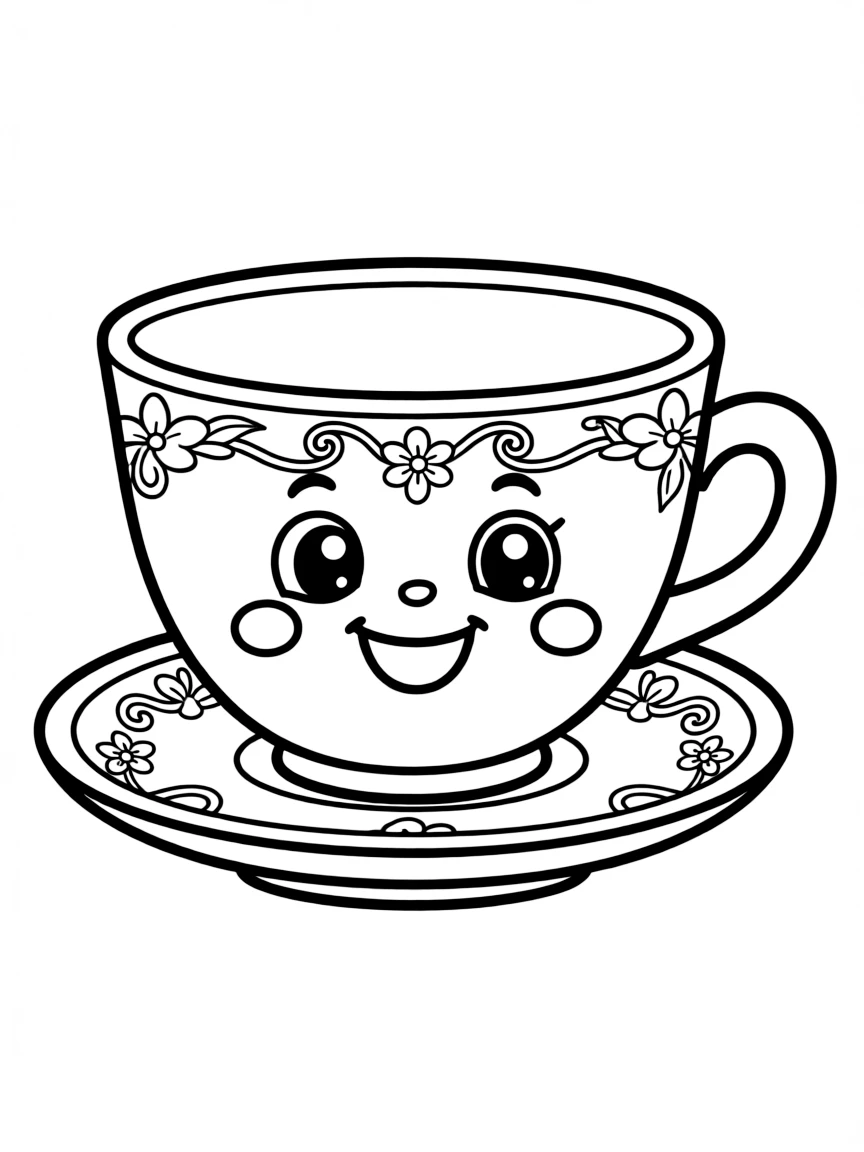 A drawing of a happy Chinese teacup for coloring.