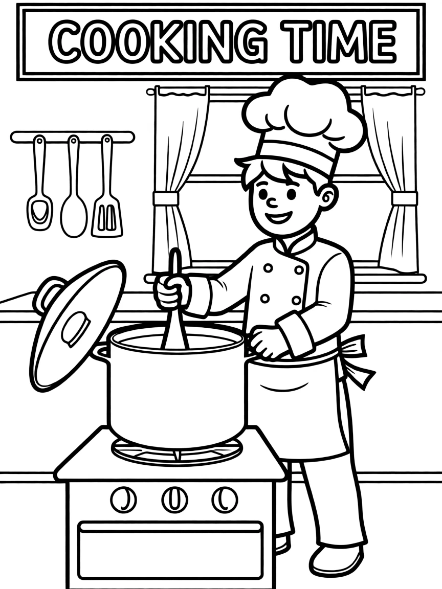 A chef with a tall hat stirring a pot.