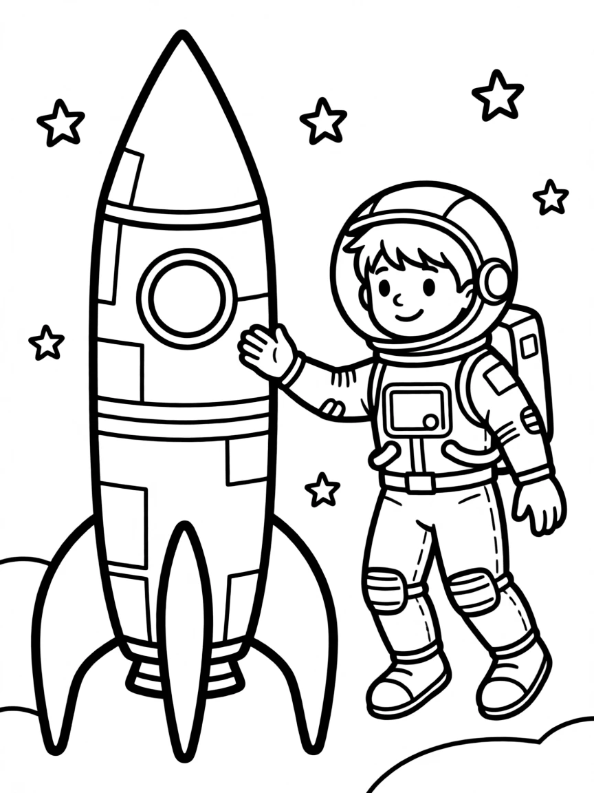 An astronaut floating in space next to a rocket.