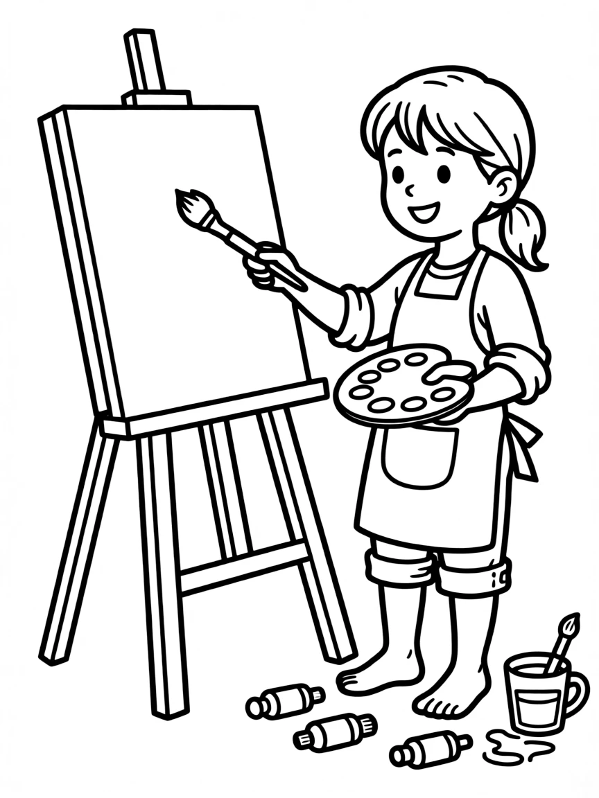 An artist painting on an easel.