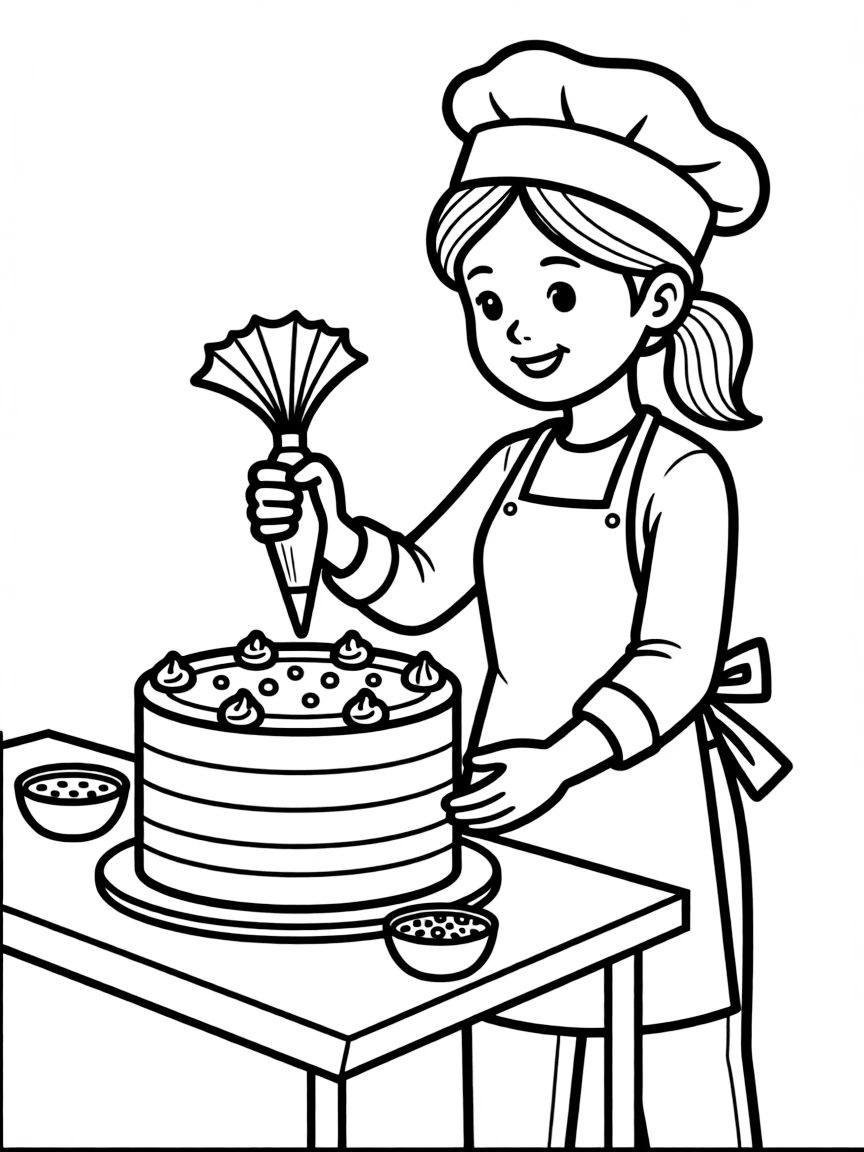 A baker decorating a cake.
