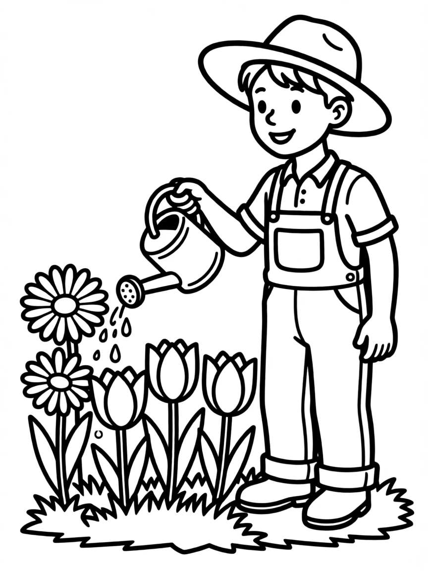 A gardener watering flowers.