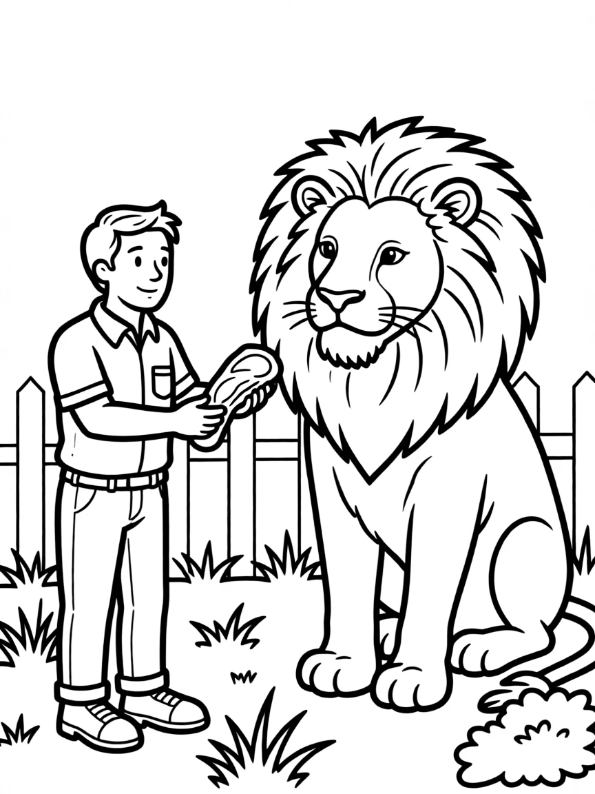A zookeeper feeding a lion.
