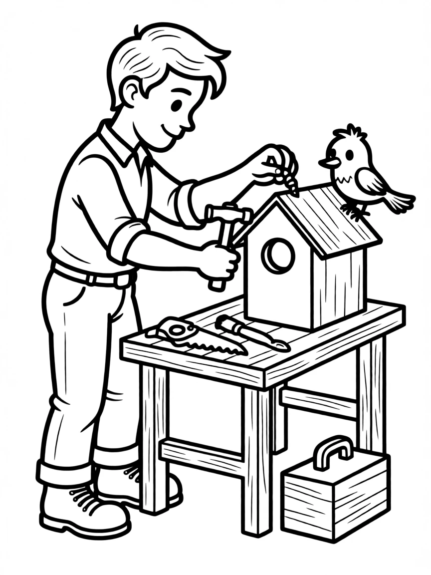 A carpenter building a birdhouse.