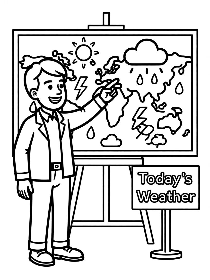 A meteorologist pointing to a weather map.