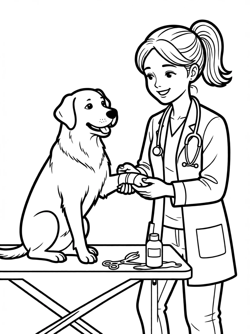 A vet bandaging a dog's paw.