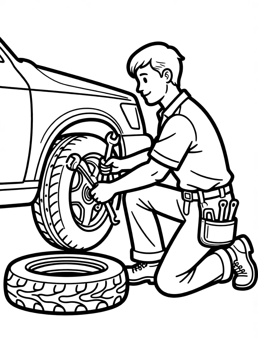 A mechanic changing a tire.