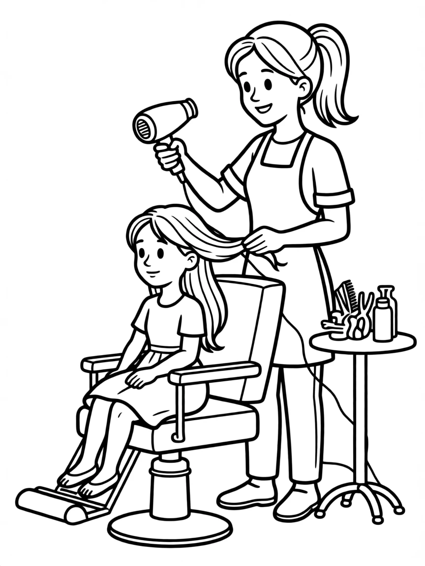 A hairdresser blow-drying hair.