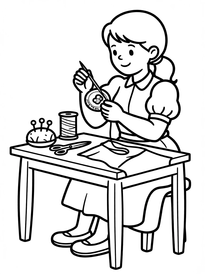 A seamstress sewing a button.