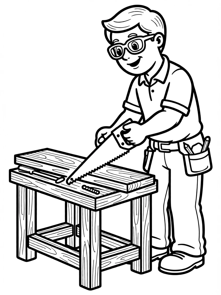 A carpenter sawing wood.