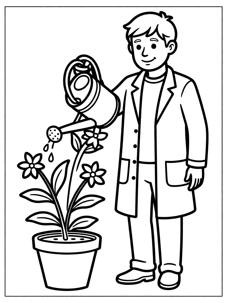 A botanist watering a plant.