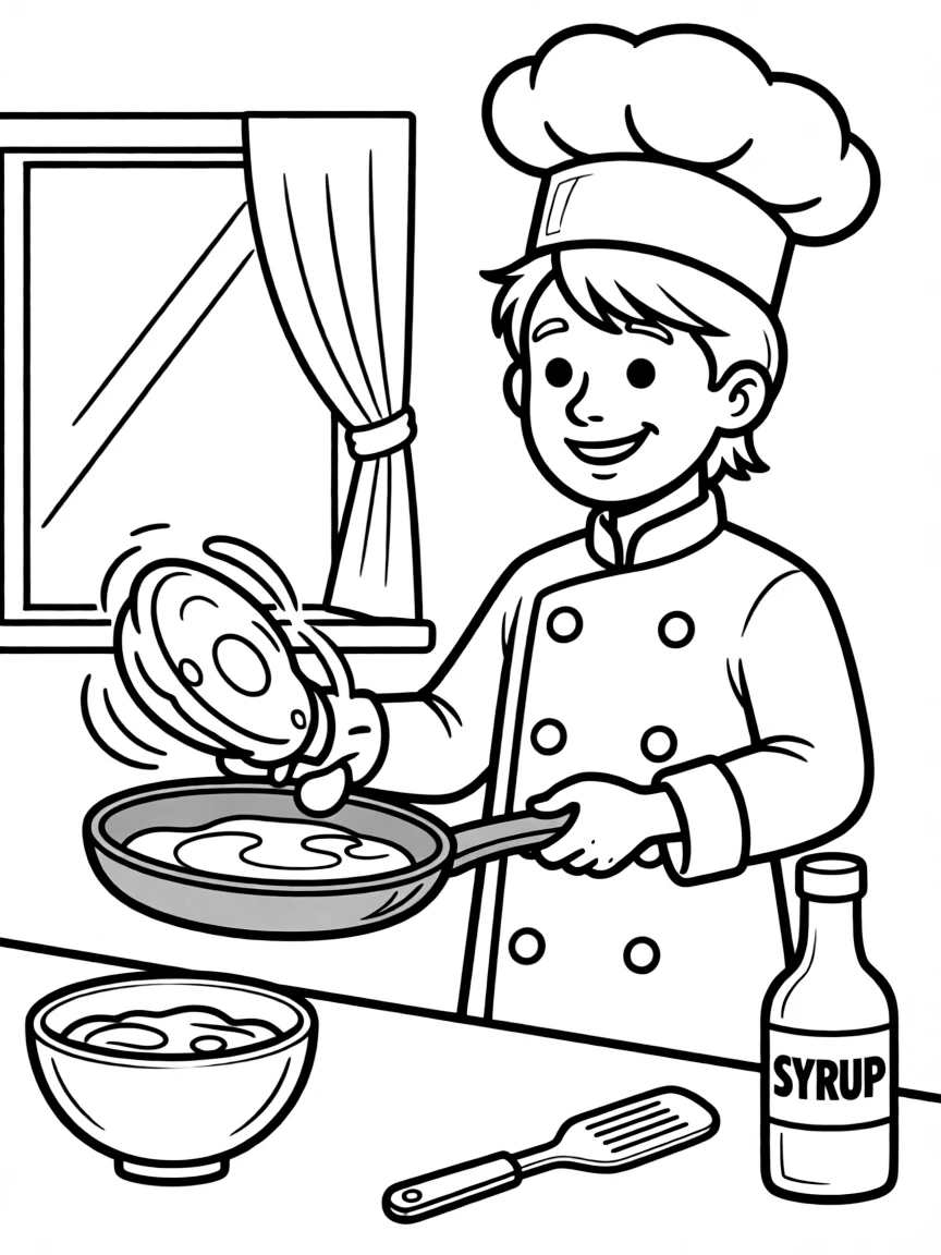 A chef flipping pancakes.