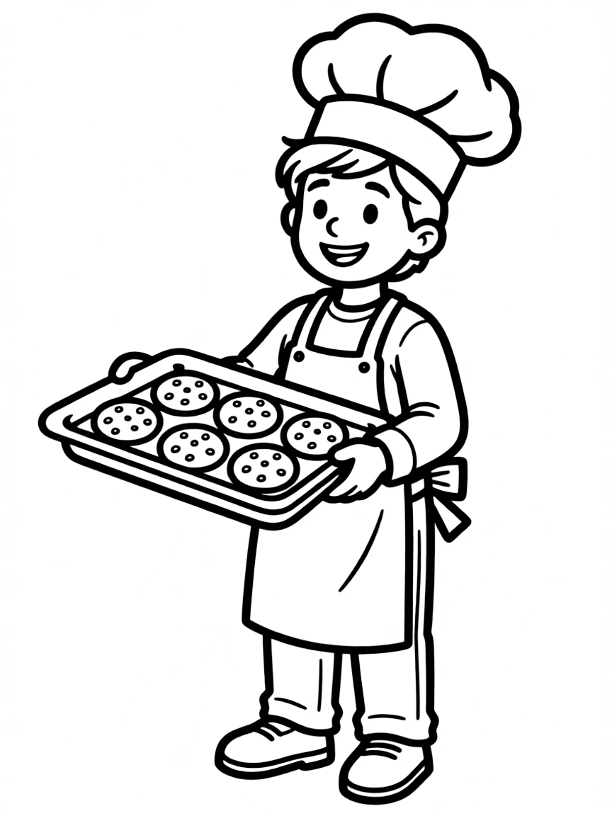 A baker holding a tray of cookies.