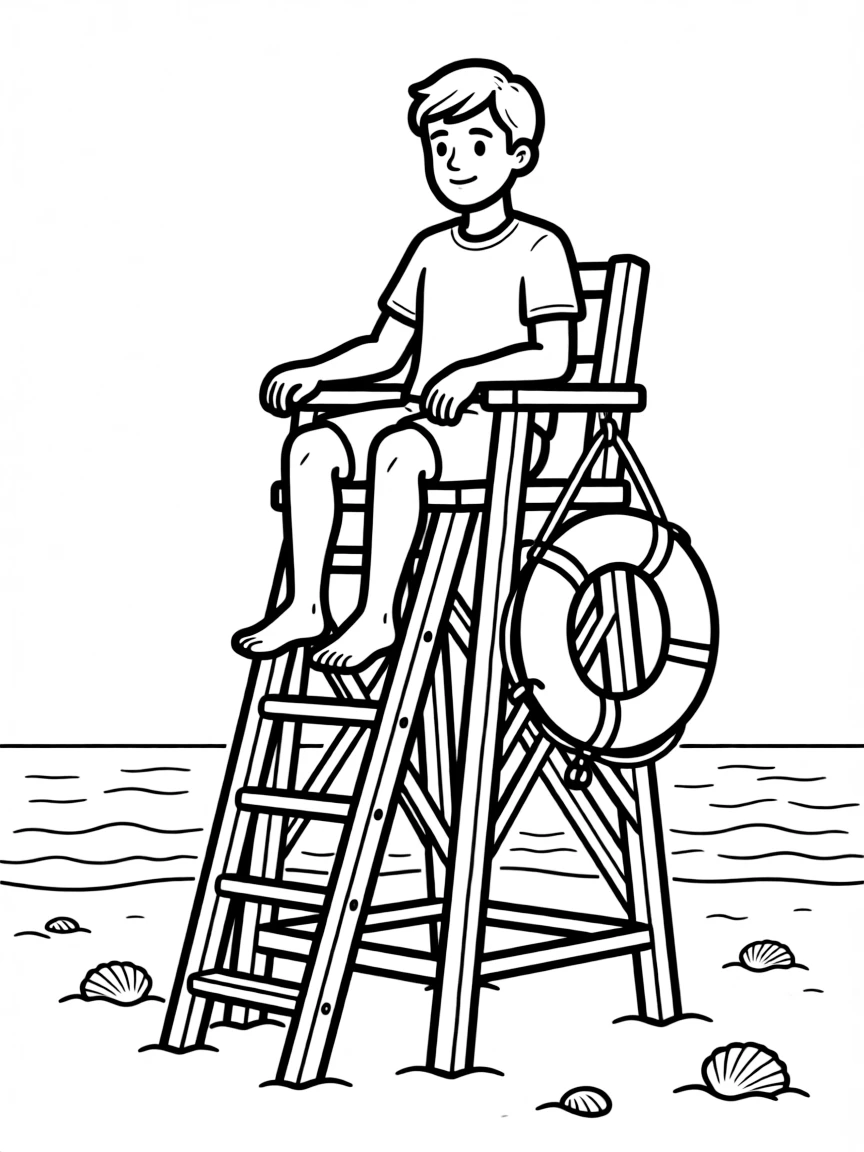 A lifeguard sitting in a high chair.