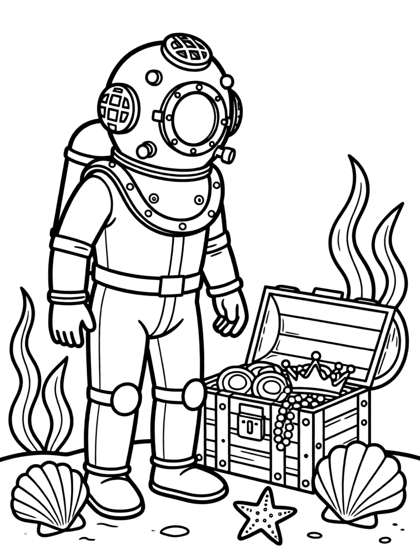 A deep-sea diver with a treasure chest.