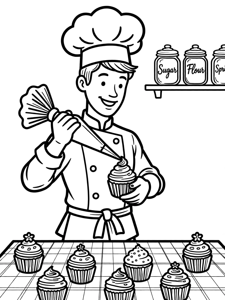 A chef decorating cupcakes.