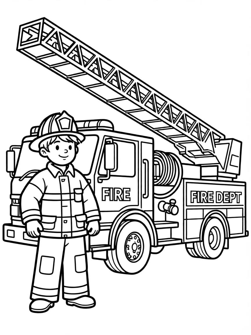 A firefighter with a fire truck.