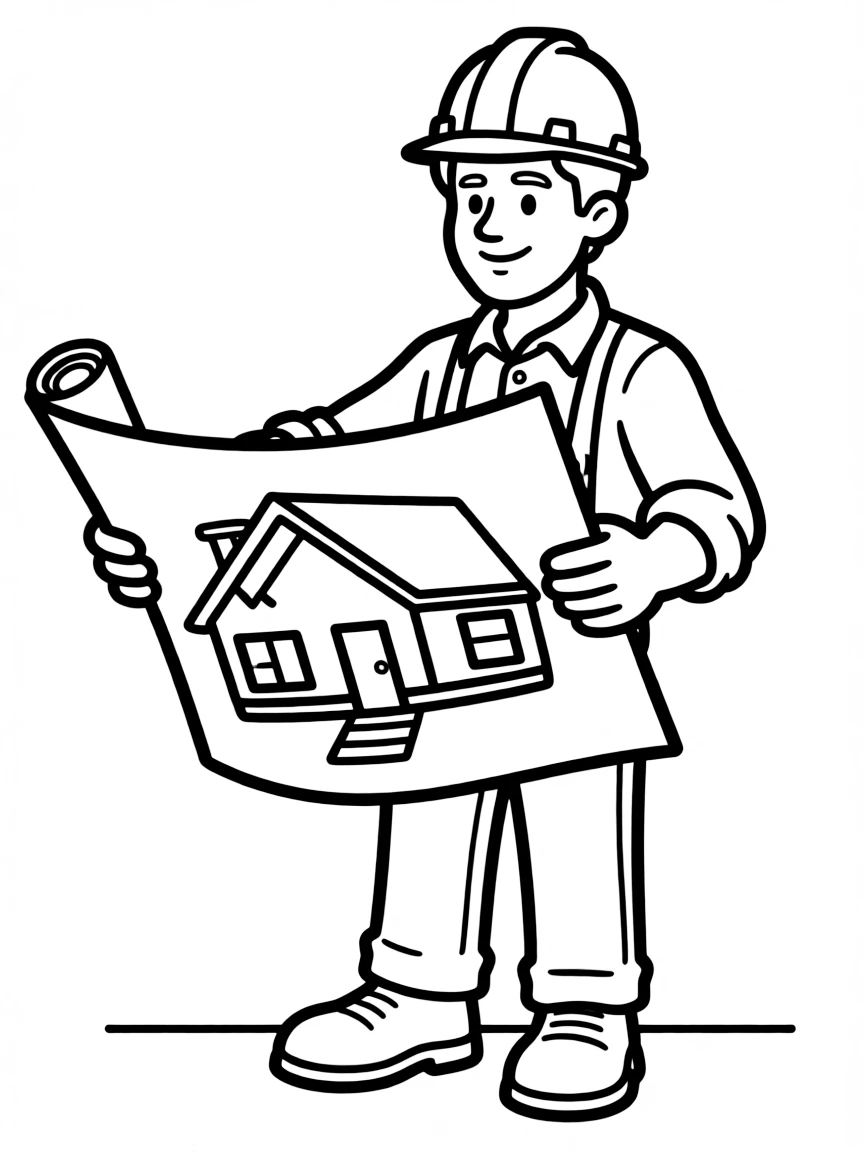 A construction worker with a blueprint.