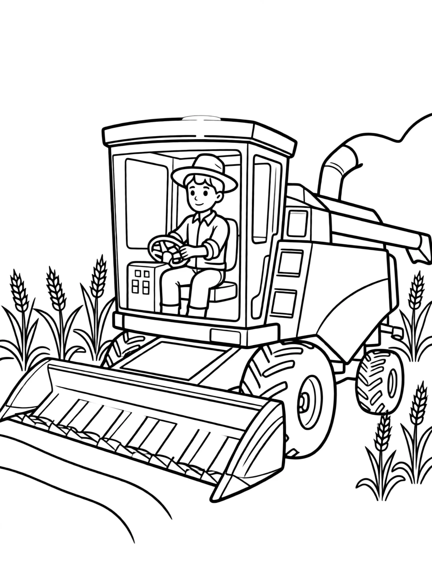 A farmer riding a combine harvester.