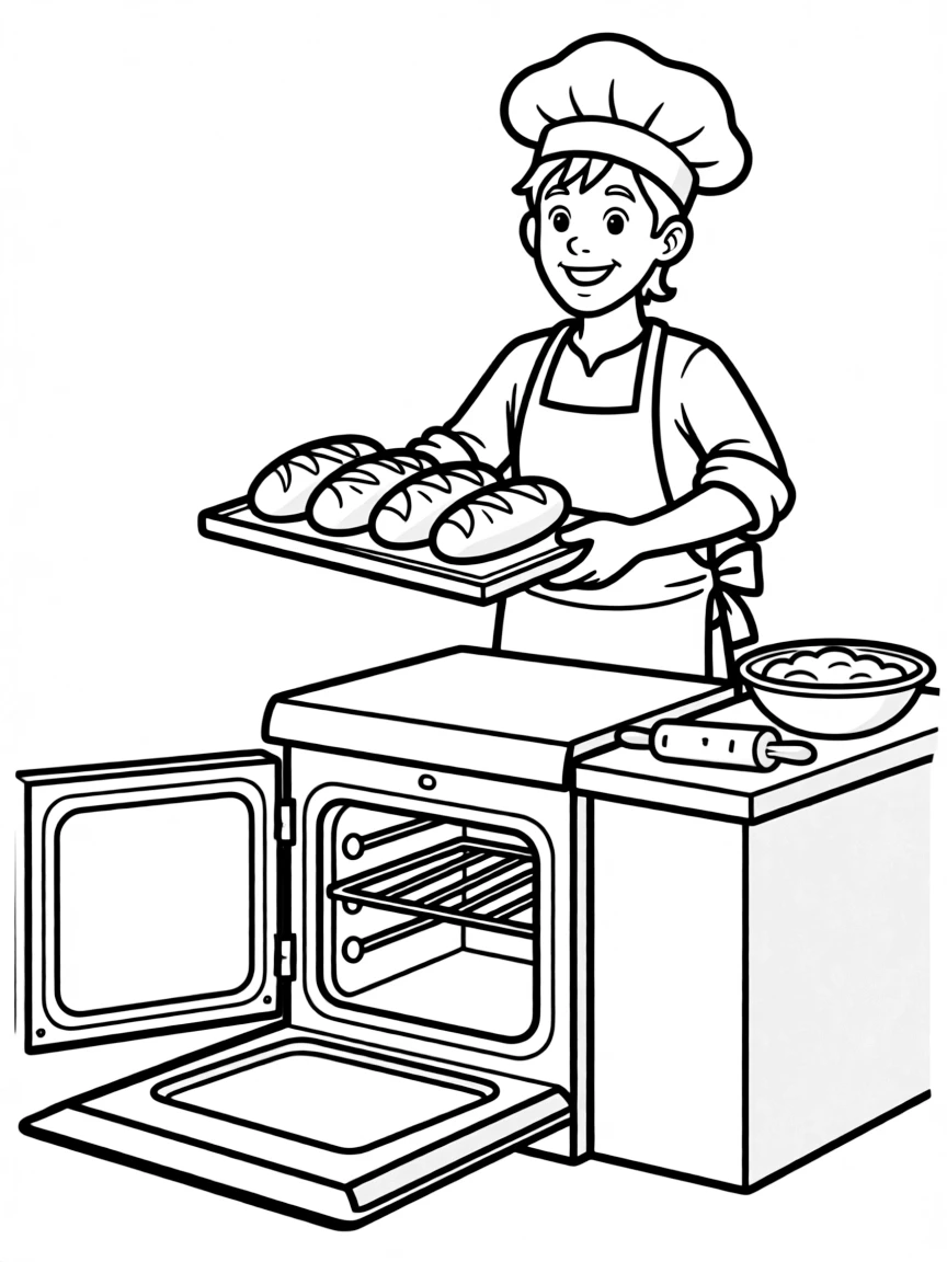 A baker putting bread in an oven.