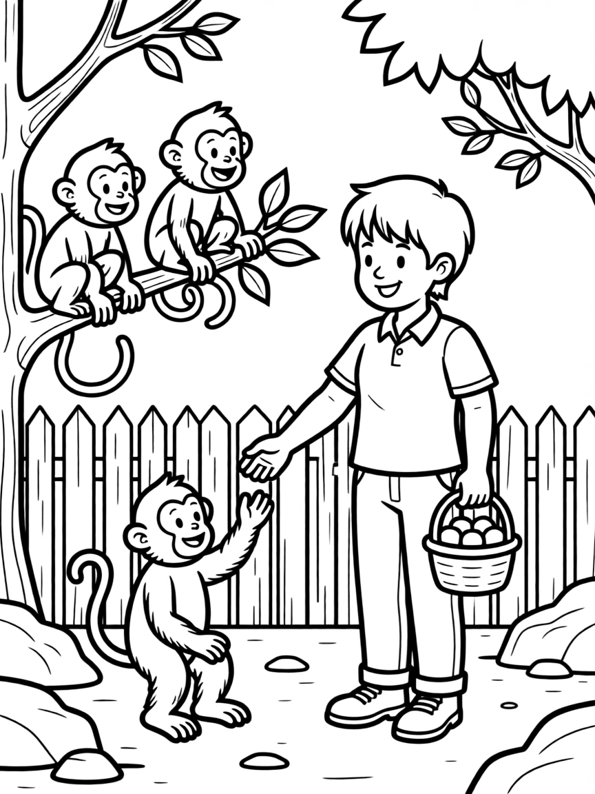A zookeeper feeding monkeys.